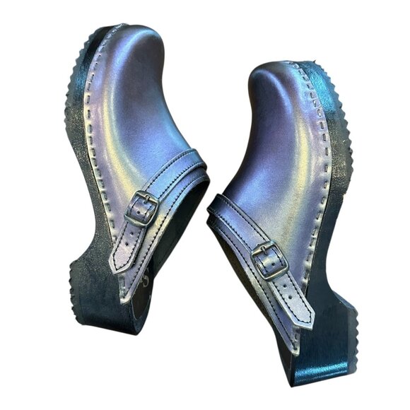 Sven Original Dark Metallic Gray Leather Wooden Clogs Size 40 US 8.5/9 - Picture 4 of 10